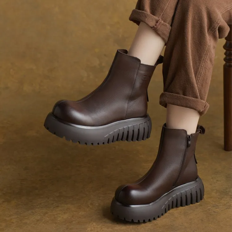 厚底真皮短靴2025秋冬新款手工女靴英伦侧拉链马丁靴增高靴子女鞋