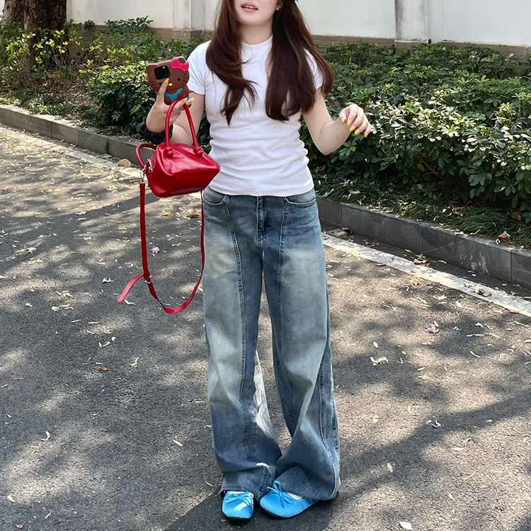 大码设计感水洗显瘦直筒牛仔裤女夏季2025新款高腰宽松拖地阔腿裤