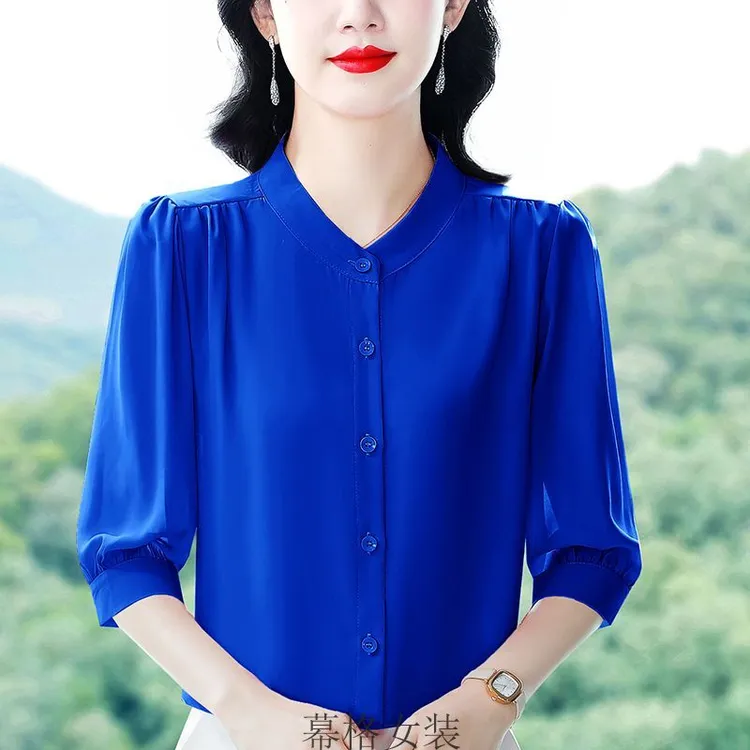 高档真丝衬衫七分袖夏季新款气质上衣减龄妈妈时尚桑蚕丝衬衣小衫