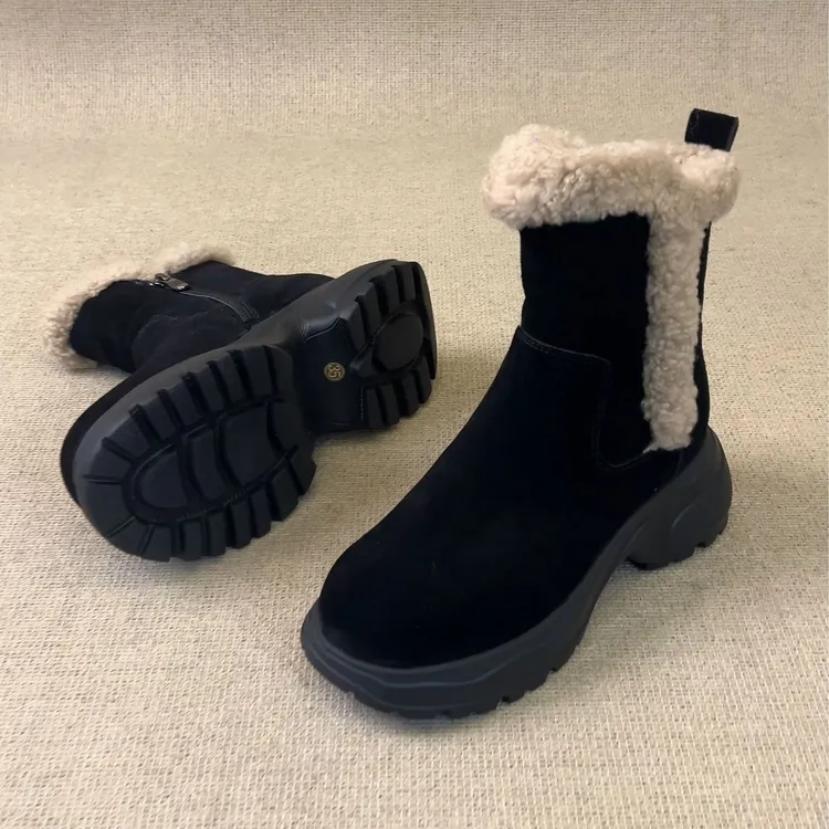 RubyL/5.5cm通勤复古风磨砂侧拉链舒适百搭圆头厚底毛毛短靴女款