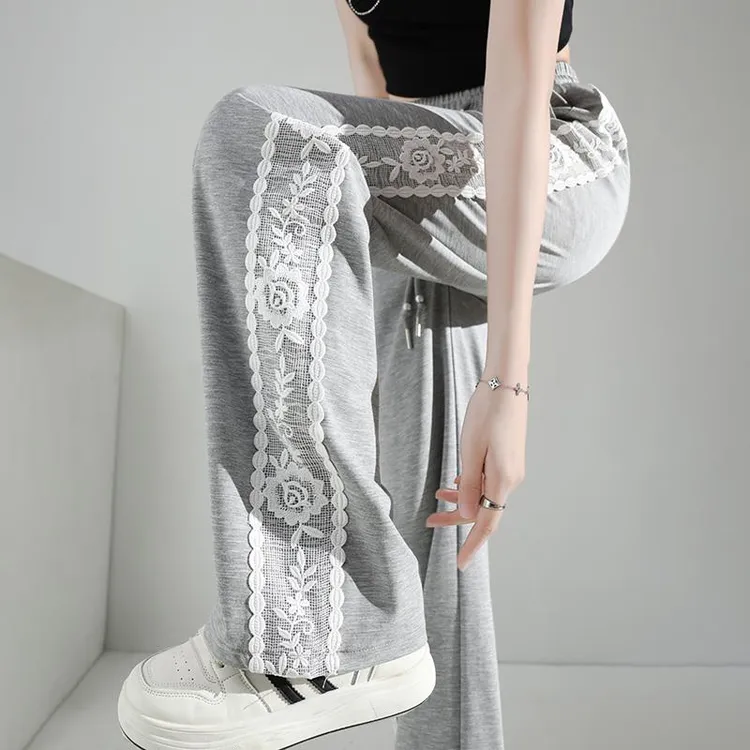 夏季薄款防晒阔腿裤女2025新款窄版凉凉蕾丝花边女士直筒冰丝裤子