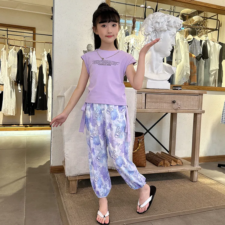女童套装夏季字母薄款2025新款中大童夏装洋气儿童夏款时髦两件套