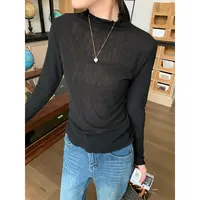 YO定制韩系简约百搭木耳边微透内搭打底衫秋季薄款堆堆领长袖T恤