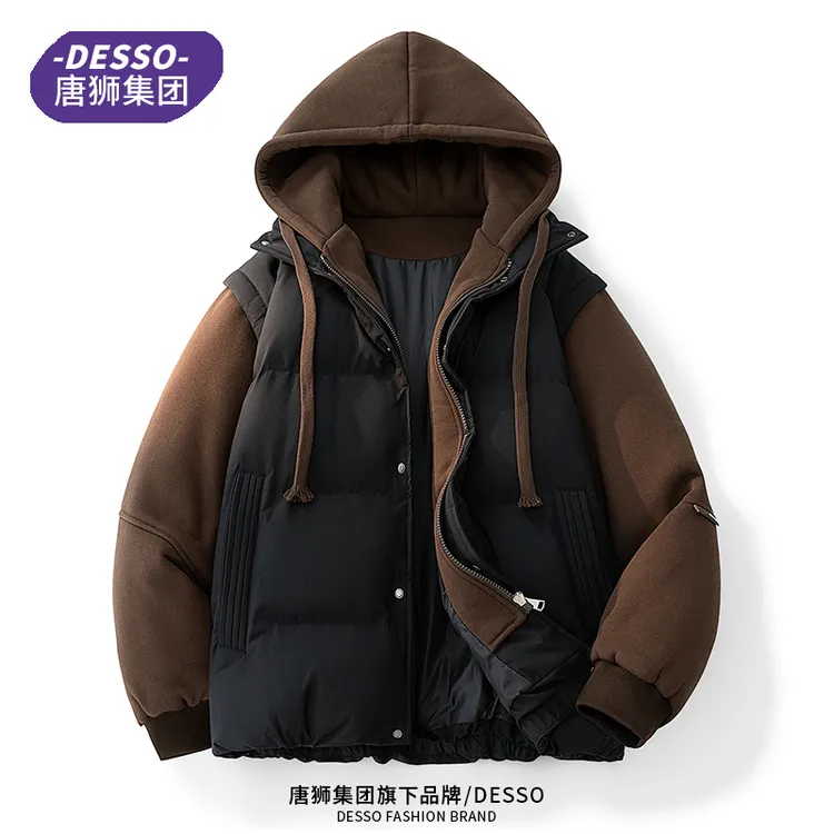 唐狮集团DESSO假两件连帽棉服男士冬季新款宽松加厚保暖情侣外套