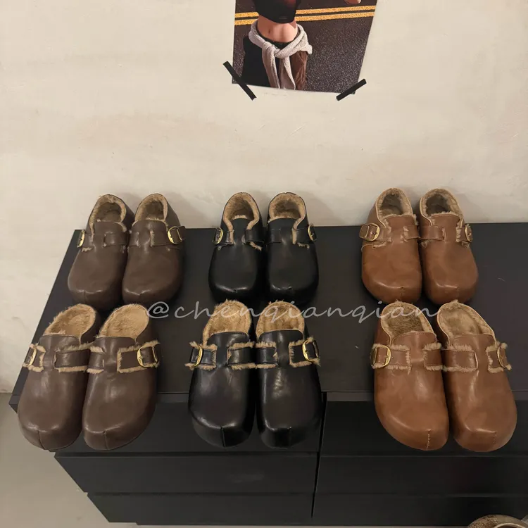 2025冬季新款5cm内增高厚底皮面博肯加绒保暖包头女外穿棉鞋懒人C