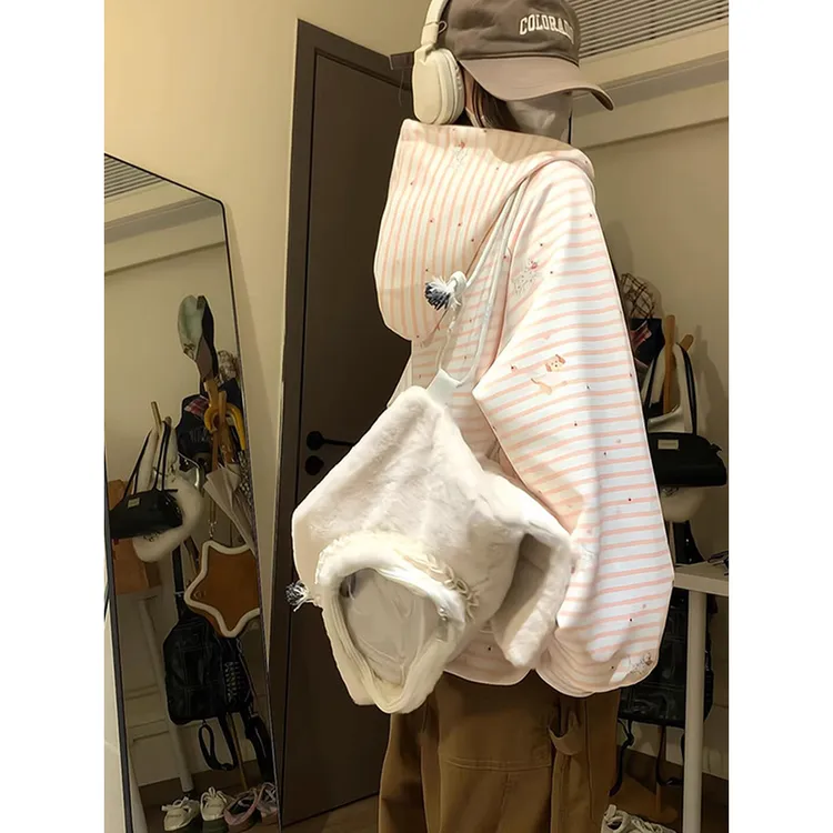 秋季新款美式条纹绑带小狗连帽卫衣女奶呼呼可爱韩系慵懒风帽衫潮
