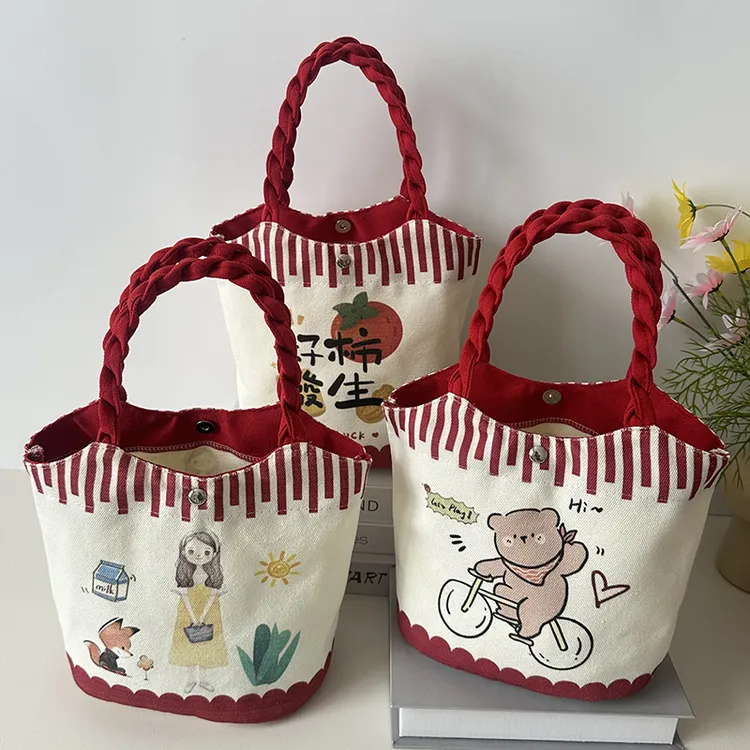 卡通帆布菜篮水桶包学生零食包妈咪手提包上班族小拎包饭盒便当包