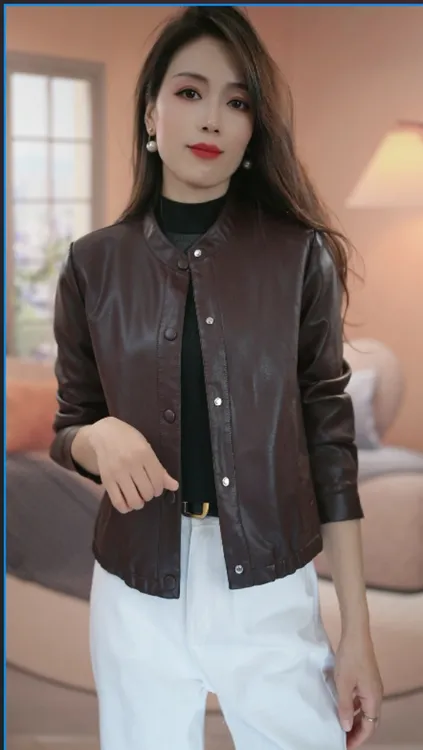 海宁正品2025春秋新款圆领时尚休闲中老年小个子皮衣外套女