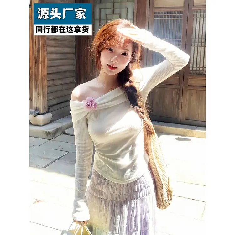 梵乐芬『十里桃花』一字肩针织女长袖t恤秋季修身打底衫甜美温柔