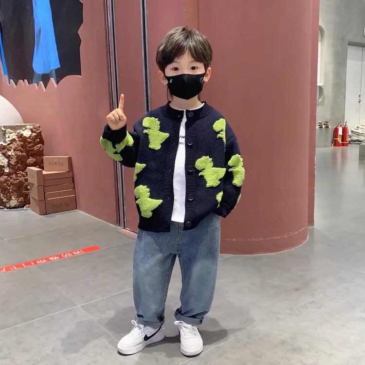 男童针织开衫毛衣外套春秋款2025新款儿童百搭上衣宝宝恐龙毛线衣