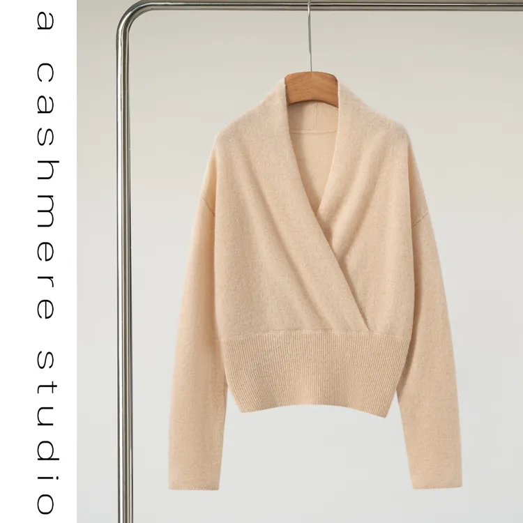 清河纯V领羊绒衫女秋冬季宽松套头毛衣交叉设计感上衣针织打底衫