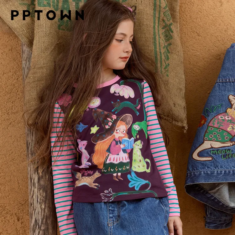 女童中大童印花T恤百搭时尚鸳鸯袖休闲百搭上衣巴巴小镇14033