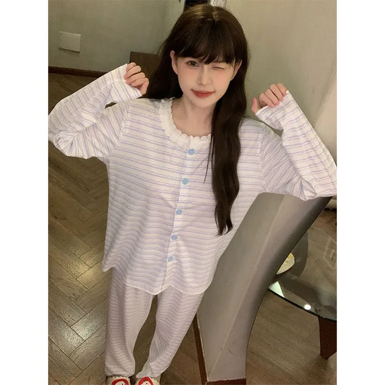 甜美蓝白条纹睡衣女款春秋季爆款长袖长裤韩版学生家居服两件套装