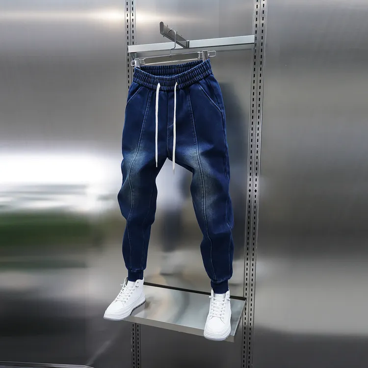 男士冬季加绒束脚拼接牛仔裤弹力松紧腰小脚裤潮牌新款韩版休闲裤