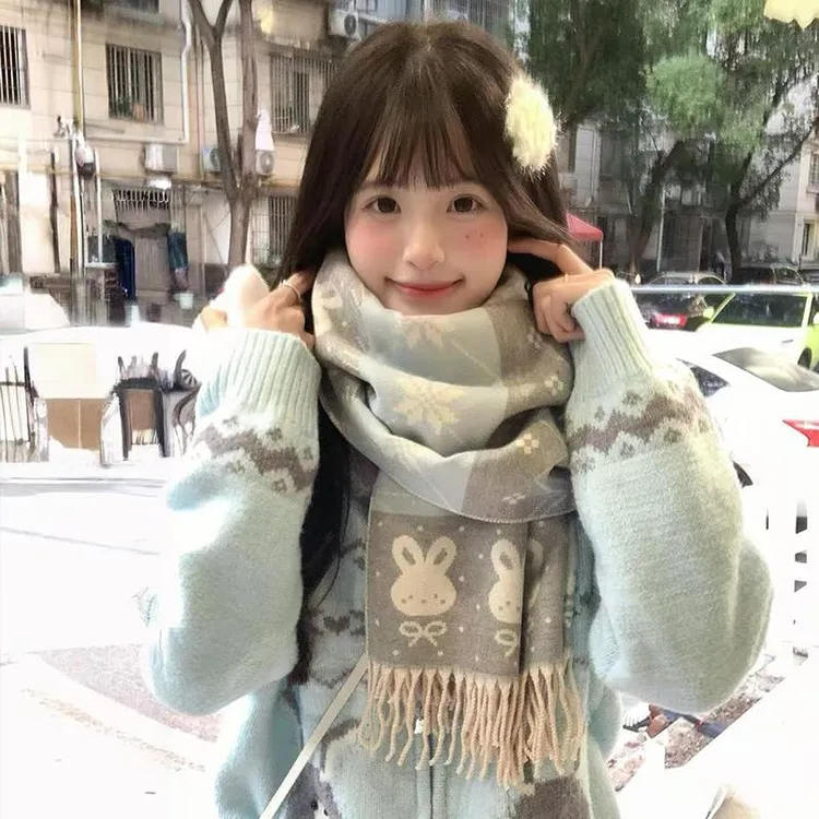 可爱兔围巾女秋冬2025新款韩系氛围感仿羊绒披肩两用双面保暖围脖