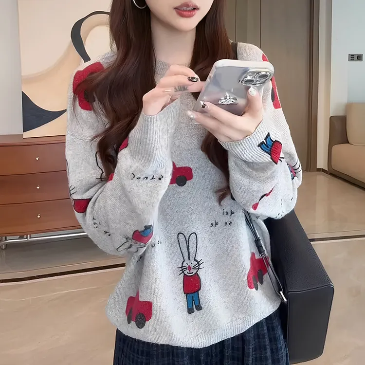 2025春秋季新款女士格纹复古时髦毛针织衫高级感软糯宽松长袖上衣