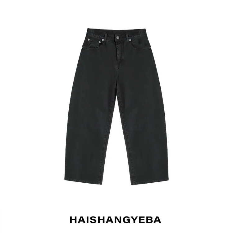 【海上叶爸】新款2025春秋百搭棉中高腰宽松水洗黑色牛仔裤