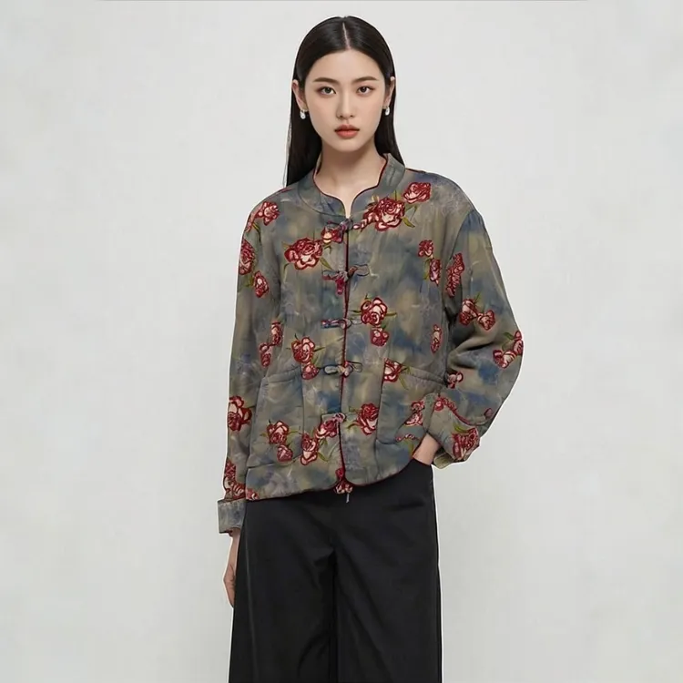 【309】25秋冬新款小清新绣花晕染国风复古气质麻加棉宽松外套