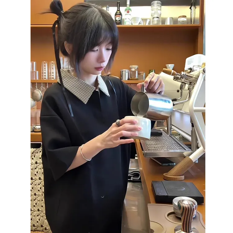 707同款老钱风黑色千鸟格polo衫男款正肩t恤cleanfit翻领半截袖
