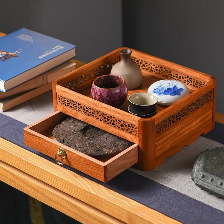 原木色独板普洱茶盒围栏茶具收纳架国风古典雕花带锁分格木茶盘
