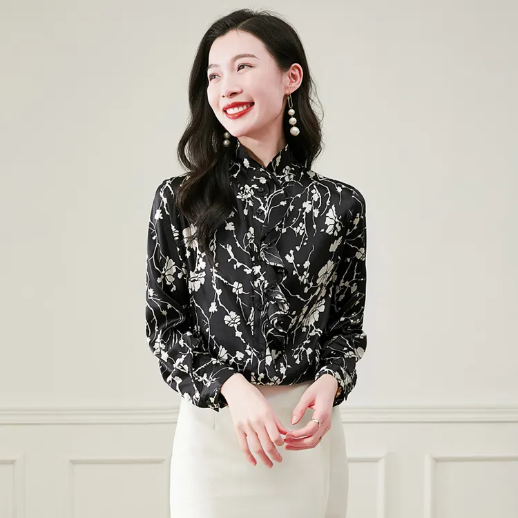 玛古芭高端长袖衬衫荷叶边独特设计感桑蚕丝上衣气质百搭小衫女