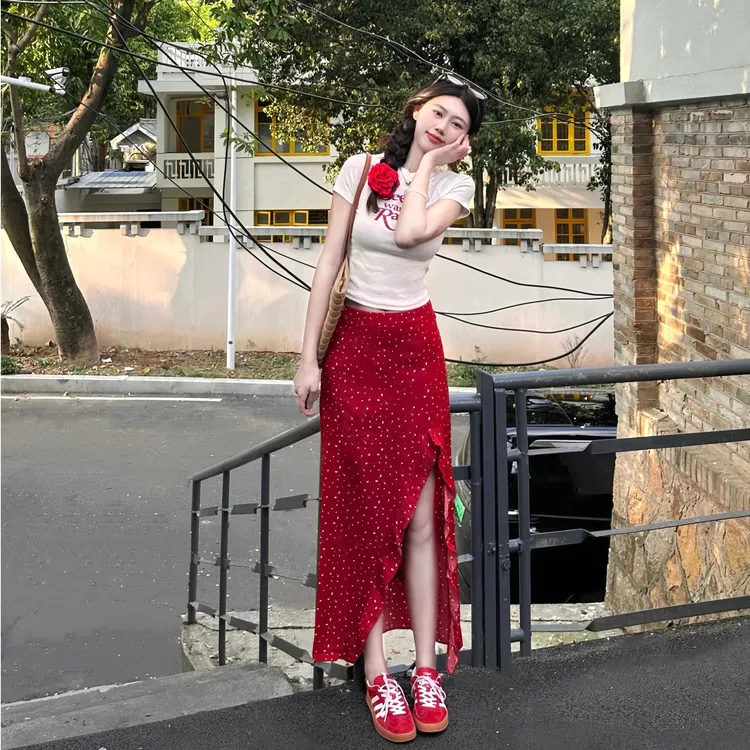 夏季高级感红色开叉气质长裙子两件套女士洋气小香风修身显瘦套装