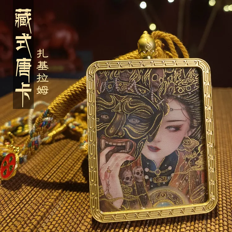 西藏唐卡吊坠手绘扎基拉姆项链佛牌 金粉绘制款+木质礼盒