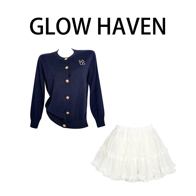 女生韩系ins衣服简约时尚修身长袖针织开衫高腰显瘦百搭蓬蓬短裙