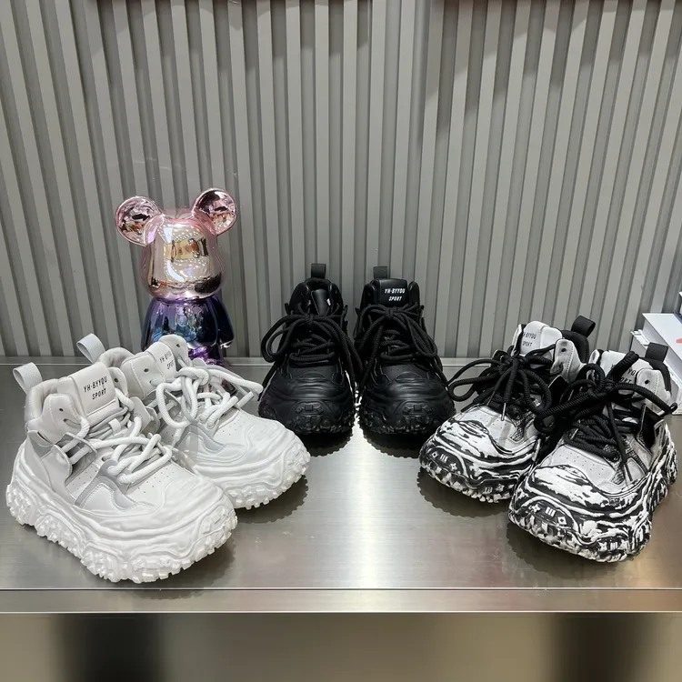 拼色秋冬季做旧系带皮革拼接高帮鞋透气运动网红时尚女鞋厚底