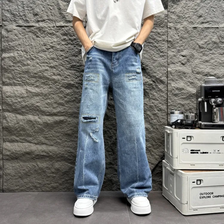 2025新款破洞补丁纯色简约休闲男士长裤宽美式美式男士破洞直筒裤