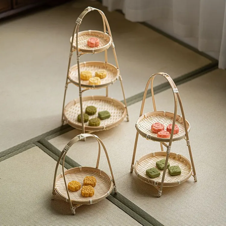 手工竹编提篮家用点心茶点盘水果篮子糕点托盘结婚创意藤编小竹篮