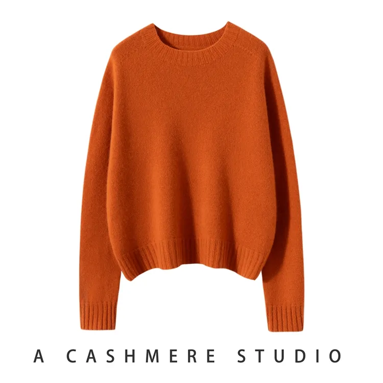 减龄超美酱橘色康*妮一线双股圆领100%羊绒衫小个子毛衣短款显高