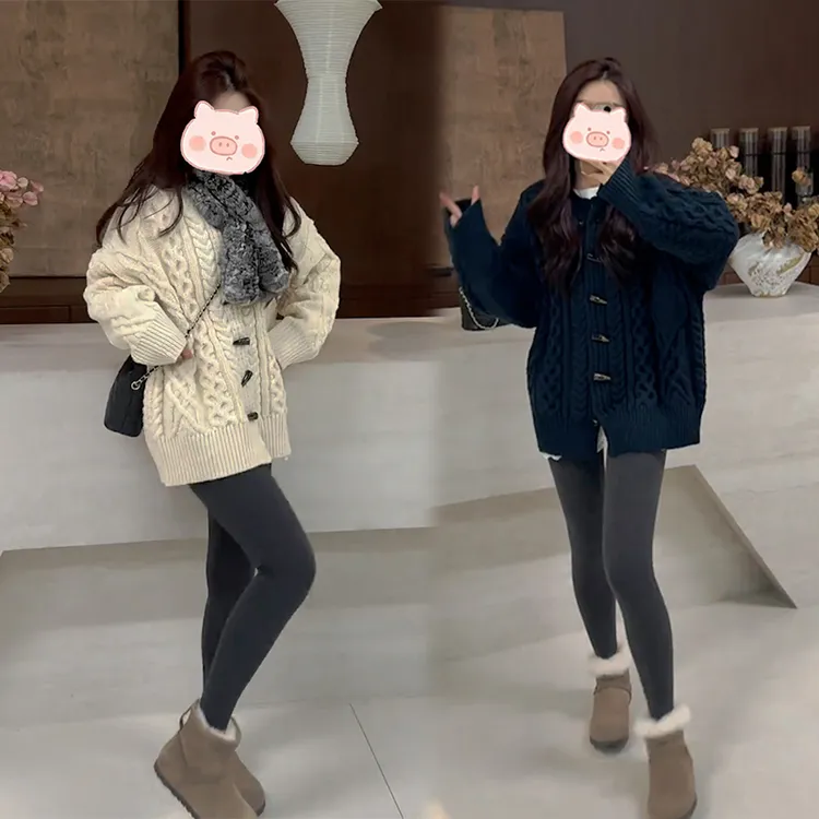 韩系复古风减龄麻花牛角扣宽松开衫女秋冬长袖宽松中长款毛衣外套