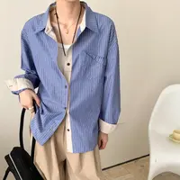 2025早秋新款折角条纹衬衫长袖女简约Polo领宽松百搭气质休闲上衣