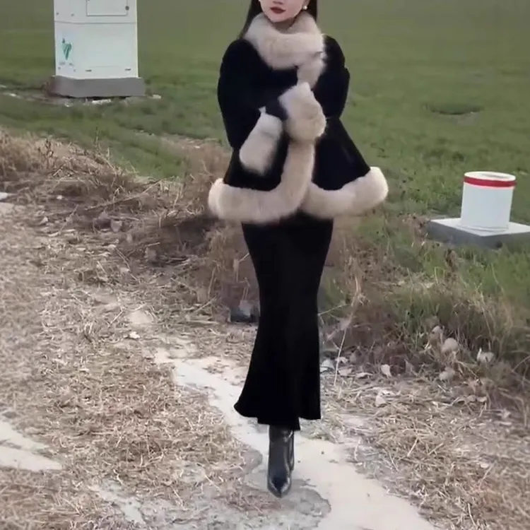 241265大爱美依缘2025年新款女神范毛毛拼接宽松外套高腰半身裙时