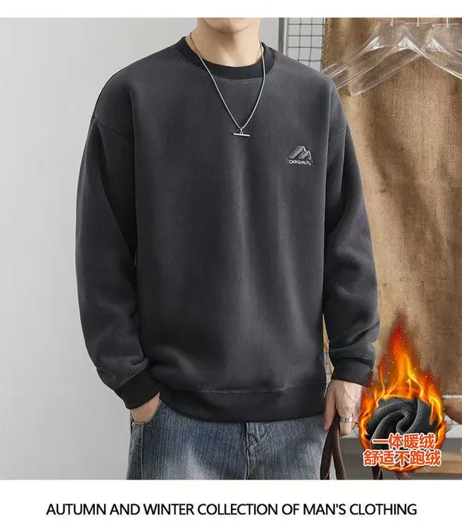 男士秋冬新款加绒加厚卫衣打底刺绣保暖圆领宽松休闲上衣潮