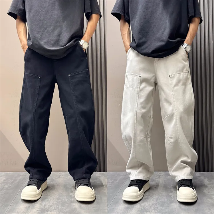 2025秋冬美式潮流拼接简约百搭工装阔腿裤男宽松直筒休闲弯刀长裤