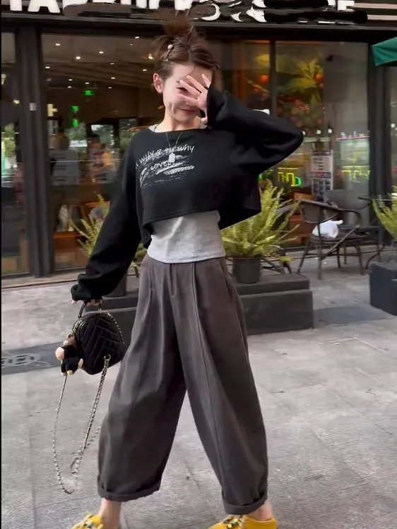 早秋季复古印花字母卫衣时尚背心配休闲裤套装