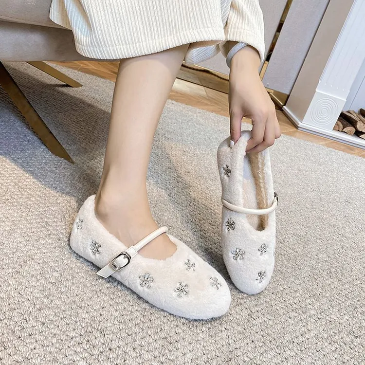 甜美系雪花元素玛丽珍鞋2025年冬新款白色毛绒保暖气质超软女鞋