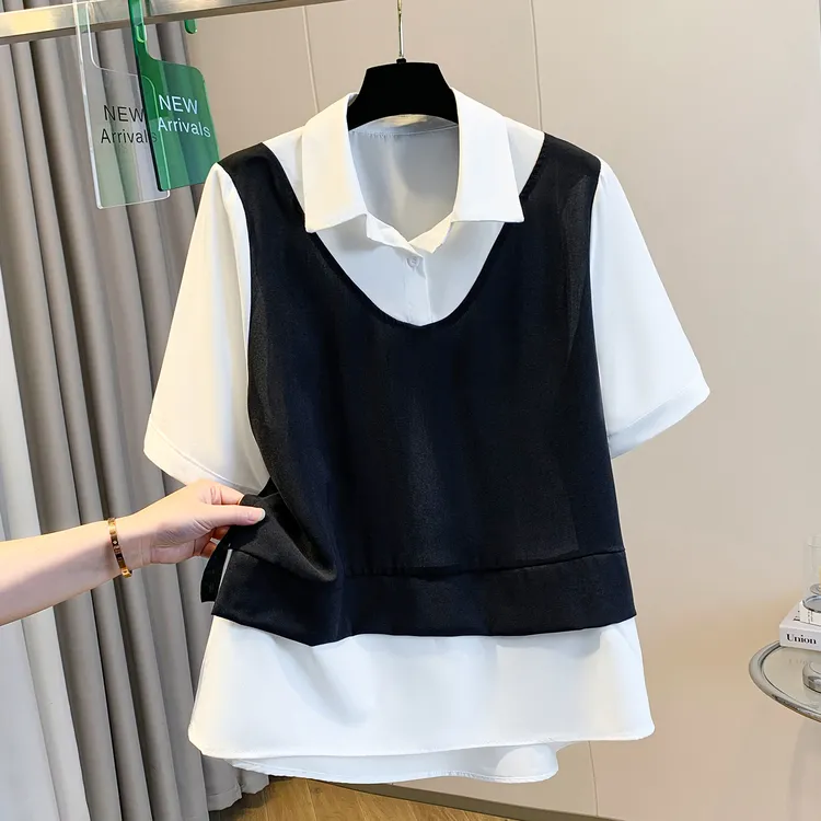 假两件短袖衬衫女2025夏季新款遮肚显瘦洋气小众拼色衬衣