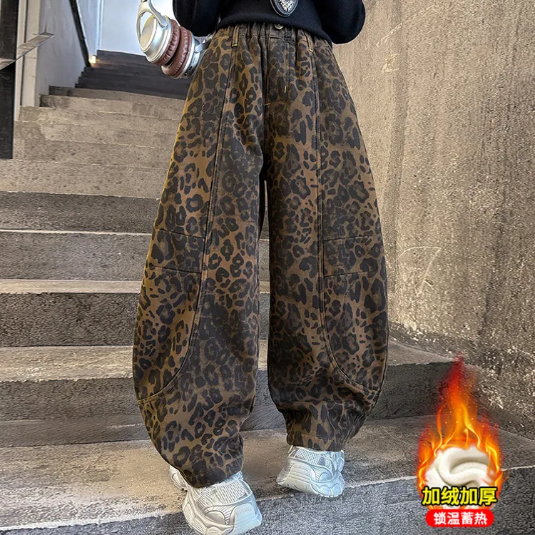 女童加绒裤子2025新款儿童秋冬一体绒豹纹宽松大童冬季加厚阔腿裤