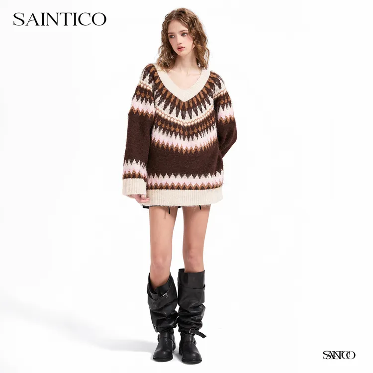【珠珠专属】SAINTICO「圣托里尼暮色」费尔岛北欧风阿尔巴卡V领毛衣女厚氛围感