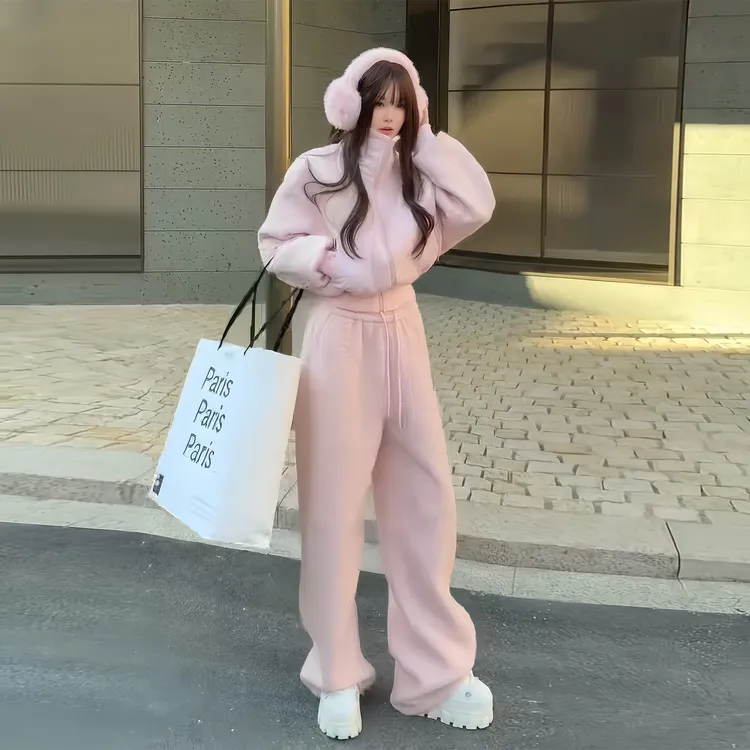 加绒加厚粉色休闲运动风套装女巨好看的冬装一整套韩系穿搭两件套
