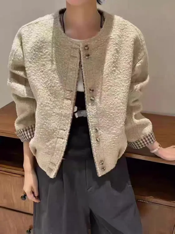 韩系2025秋冬新韩版宽松显瘦百搭圆领单排扣羊圈毛外套女短款上衣