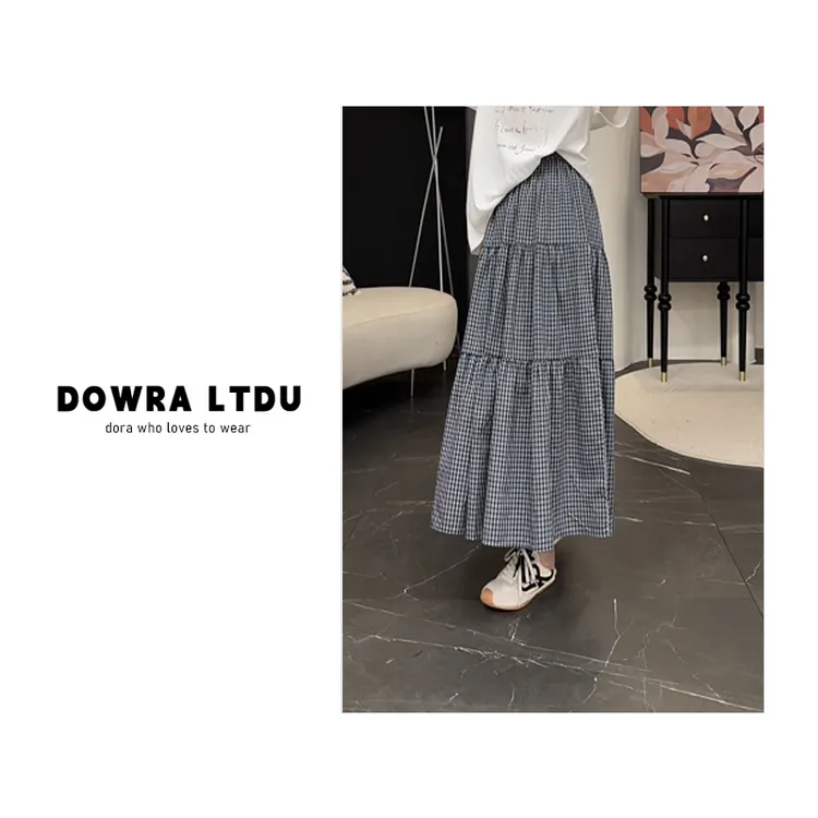 朵拉【中古格纹】2025年夏季新款松紧中长款百搭格子裙半身裙16-826