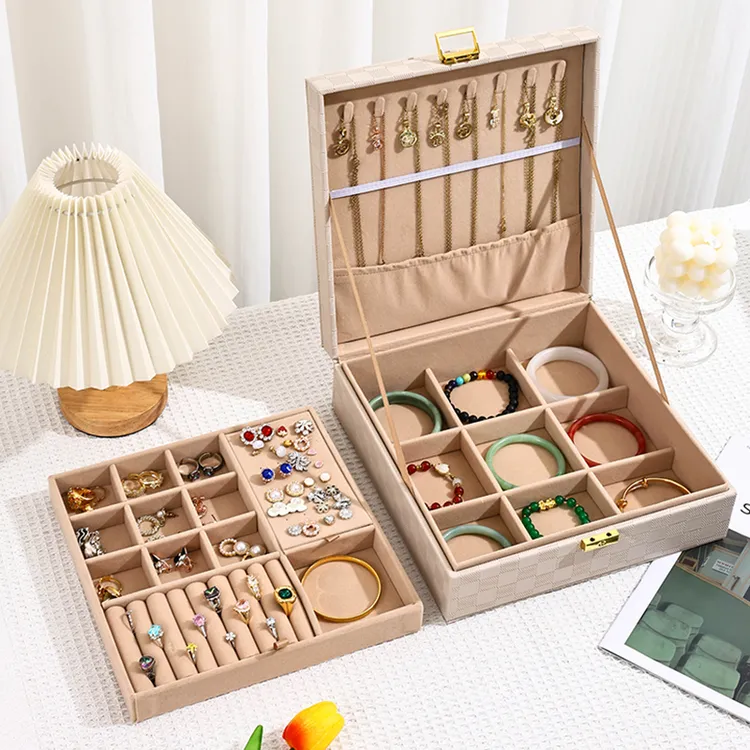 侣薇 首饰盒/箱 轻奢首饰收纳盒棋盘格纹首饰盒皮革收双层家用