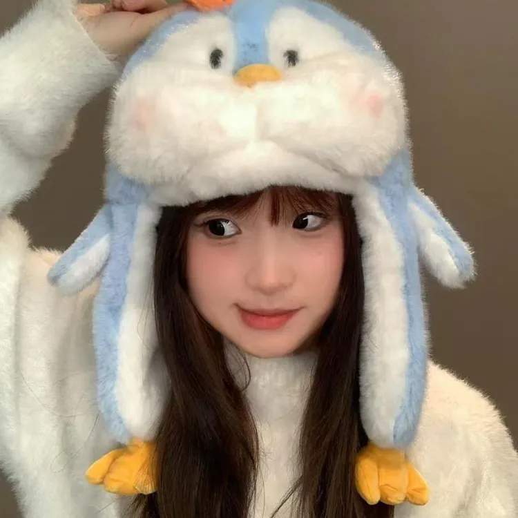 蓝灰企鹅鱼保暖套头帽子护耳朵会动防风女孩可冬季加厚防风护颈帽