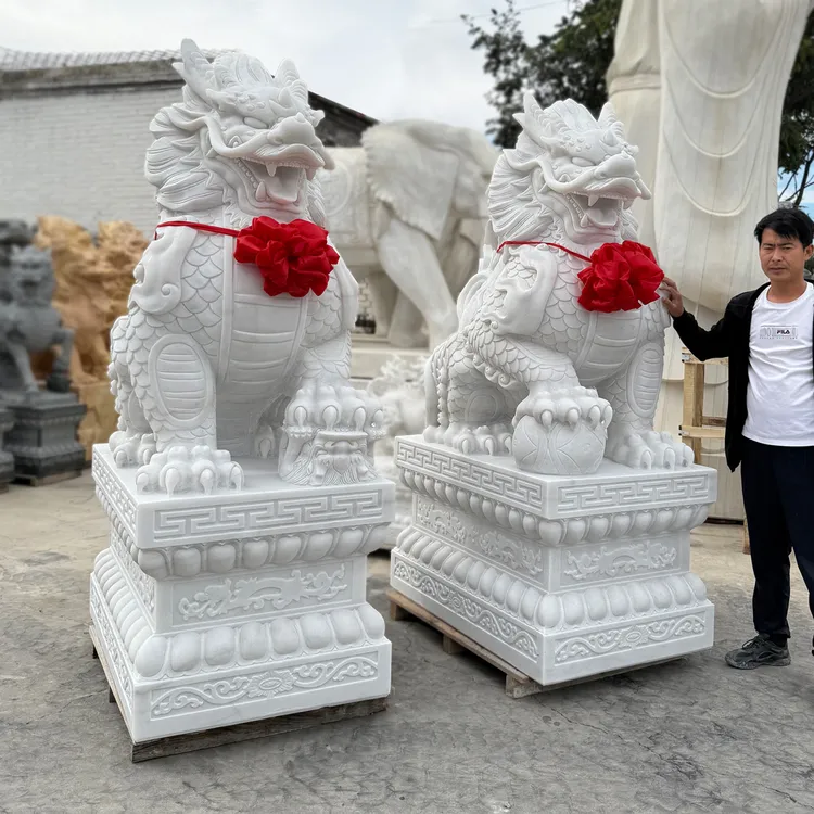 大型汉白玉麒麟一对大理石花岗岩精雕麒麟公司会所酒店门口摆件
