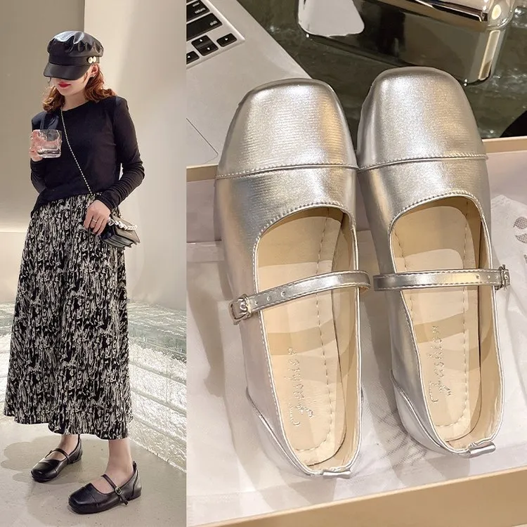 法式小香风银色浅口平底玛丽珍鞋晚晚女鞋夏款复古英伦单鞋皮鞋子