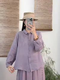 女士秋季苎麻肩部叶子刺绣长袖衬衫
